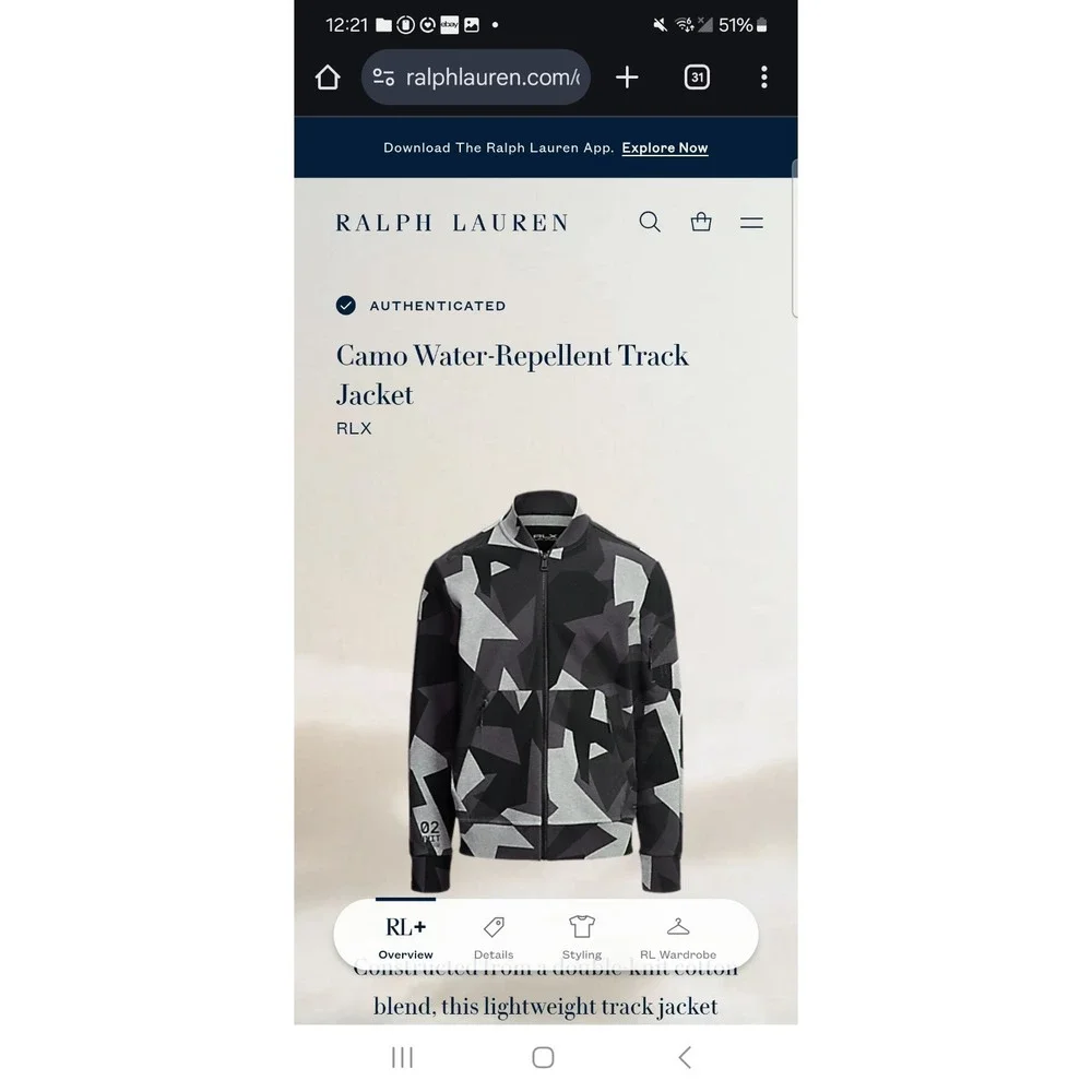 Ralph Lauren RLX Track Jacket Men Small Swedish Camo Cotton Tech Water Repellent